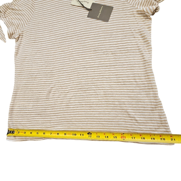 NEW Tommy Bahama Belo Stripe Linen Tan & White Short Sleeve Tee Shirt Size M - Picture 8 of 9